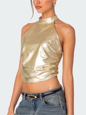 Edikted Metallic Gold Halter Crop Top - Women's Party Tank